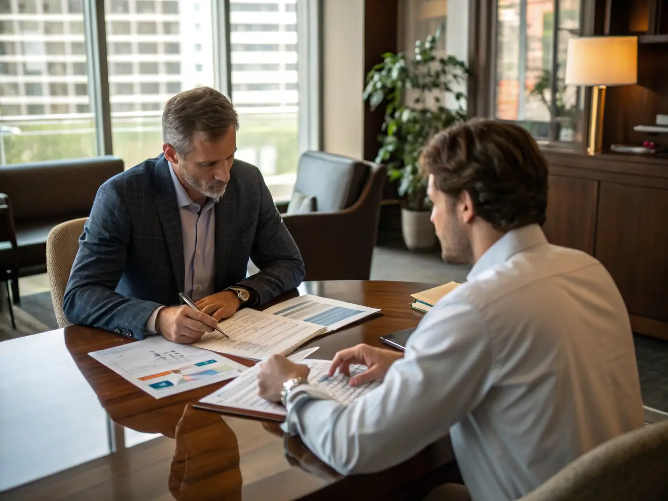An image of a financial advisor discussing retirement plans with a senior client in a modern office setting, with charts and documents on the table, representing Solarvision's retirement planning consultation service.