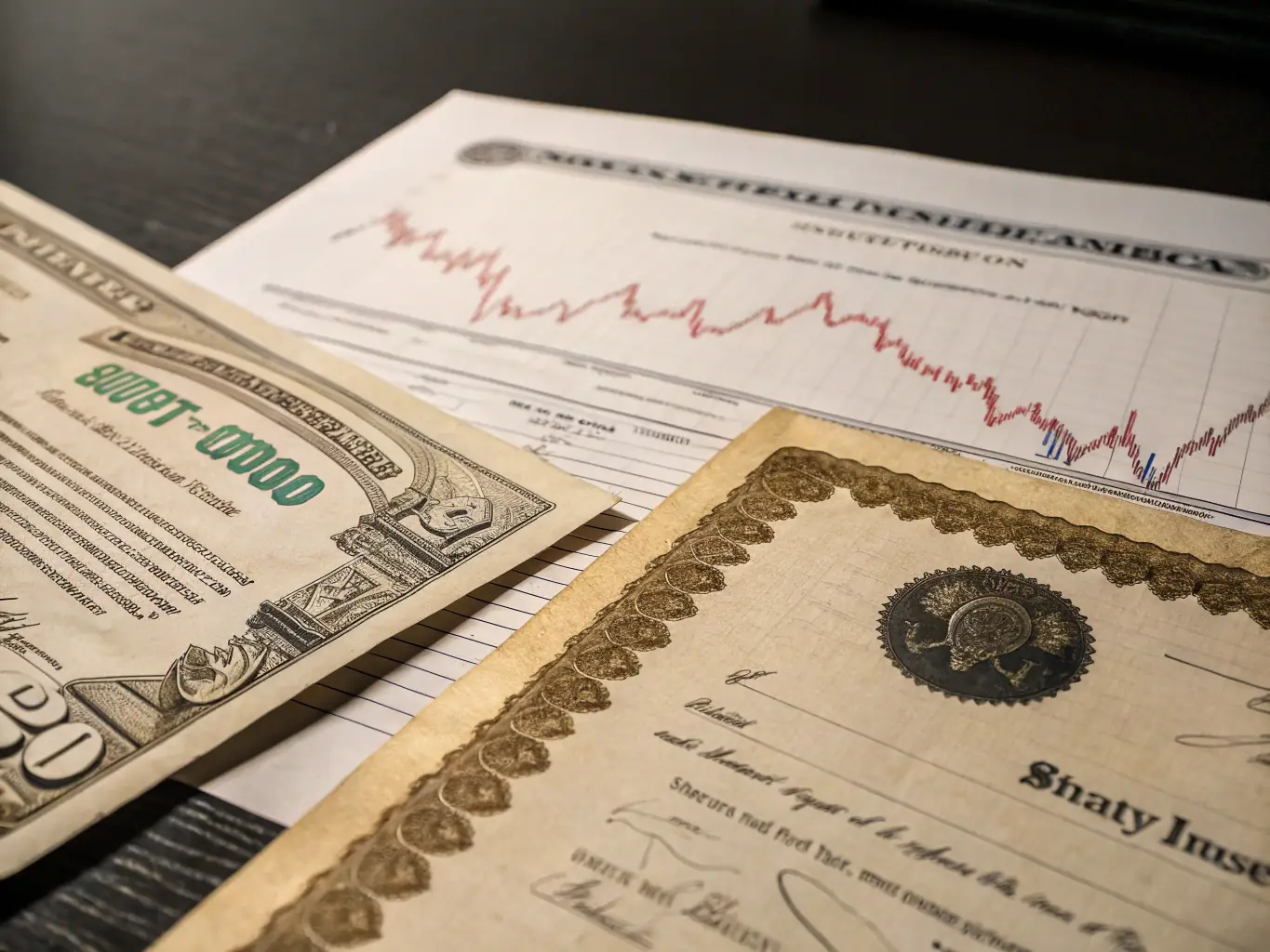 An image depicting a secure bond certificate with a stable background, symbolizing the lower risk and steady income associated with bond investments.