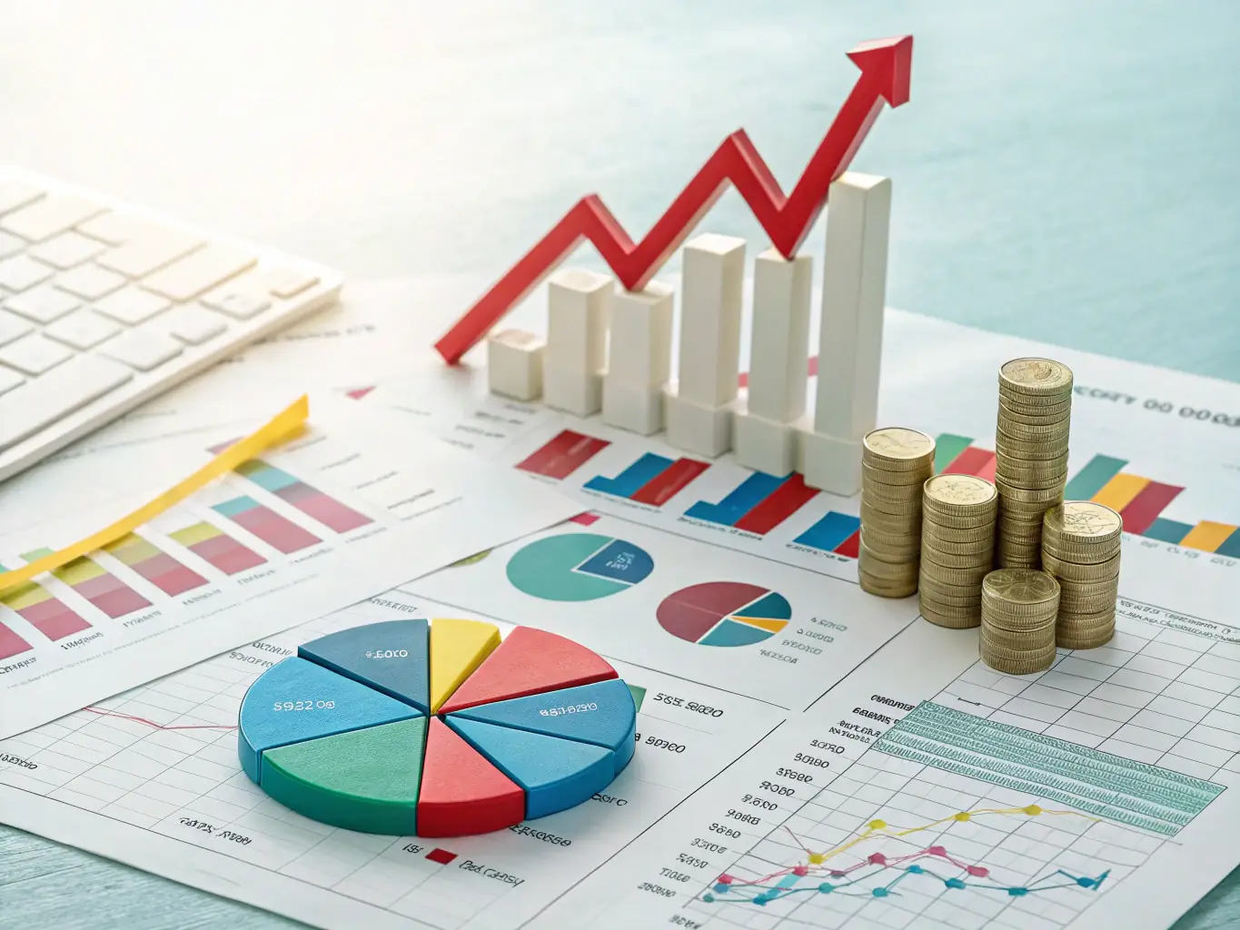 A visually appealing image of a diverse portfolio chart showcasing different asset allocations, such as stocks, bonds, and real estate, with upward trending arrows to symbolize growth.
