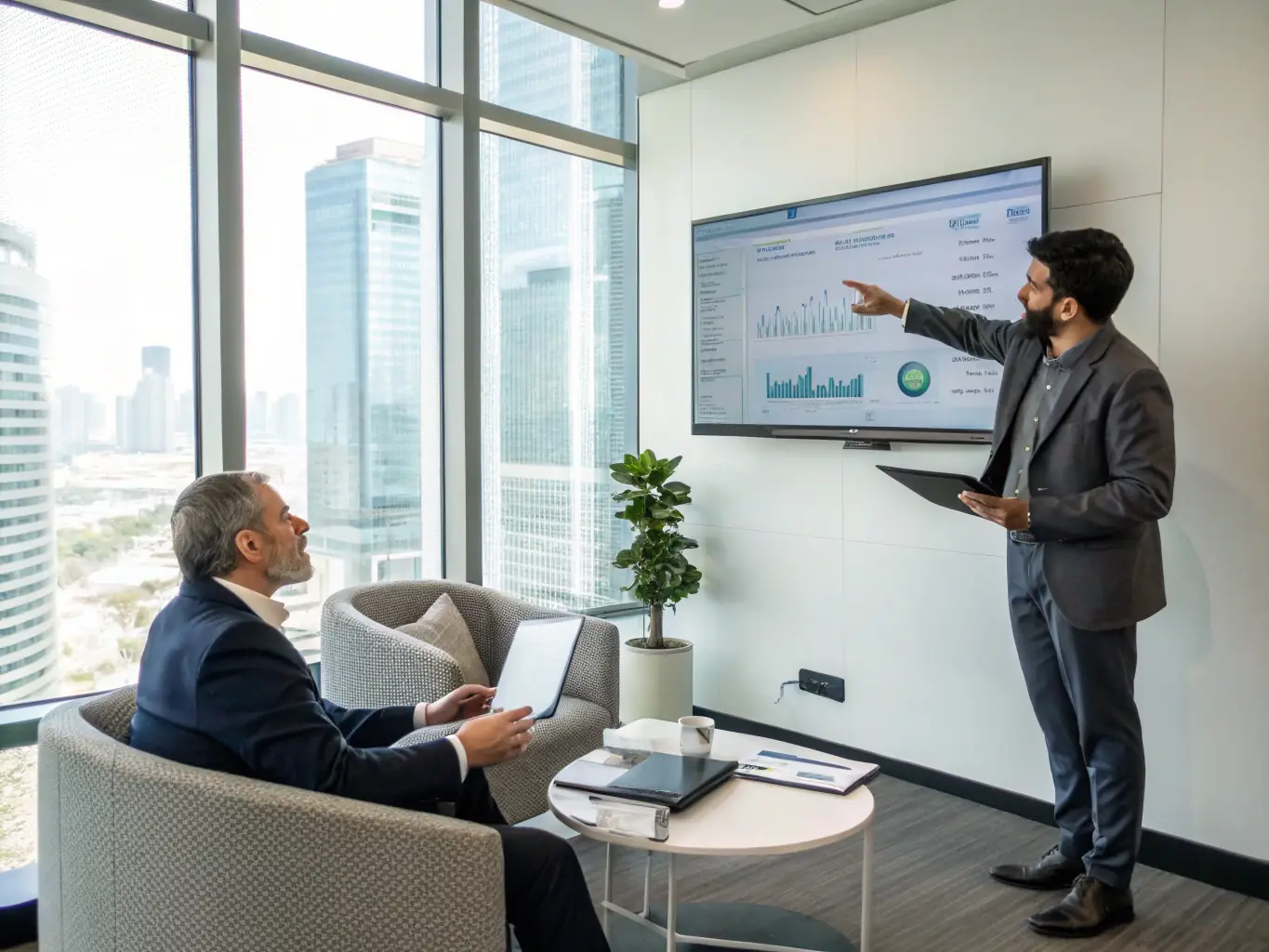 A professional financial advisor explaining the features of the National Pension System (NPS) to a client in a modern office setting, emphasizing long-term growth.