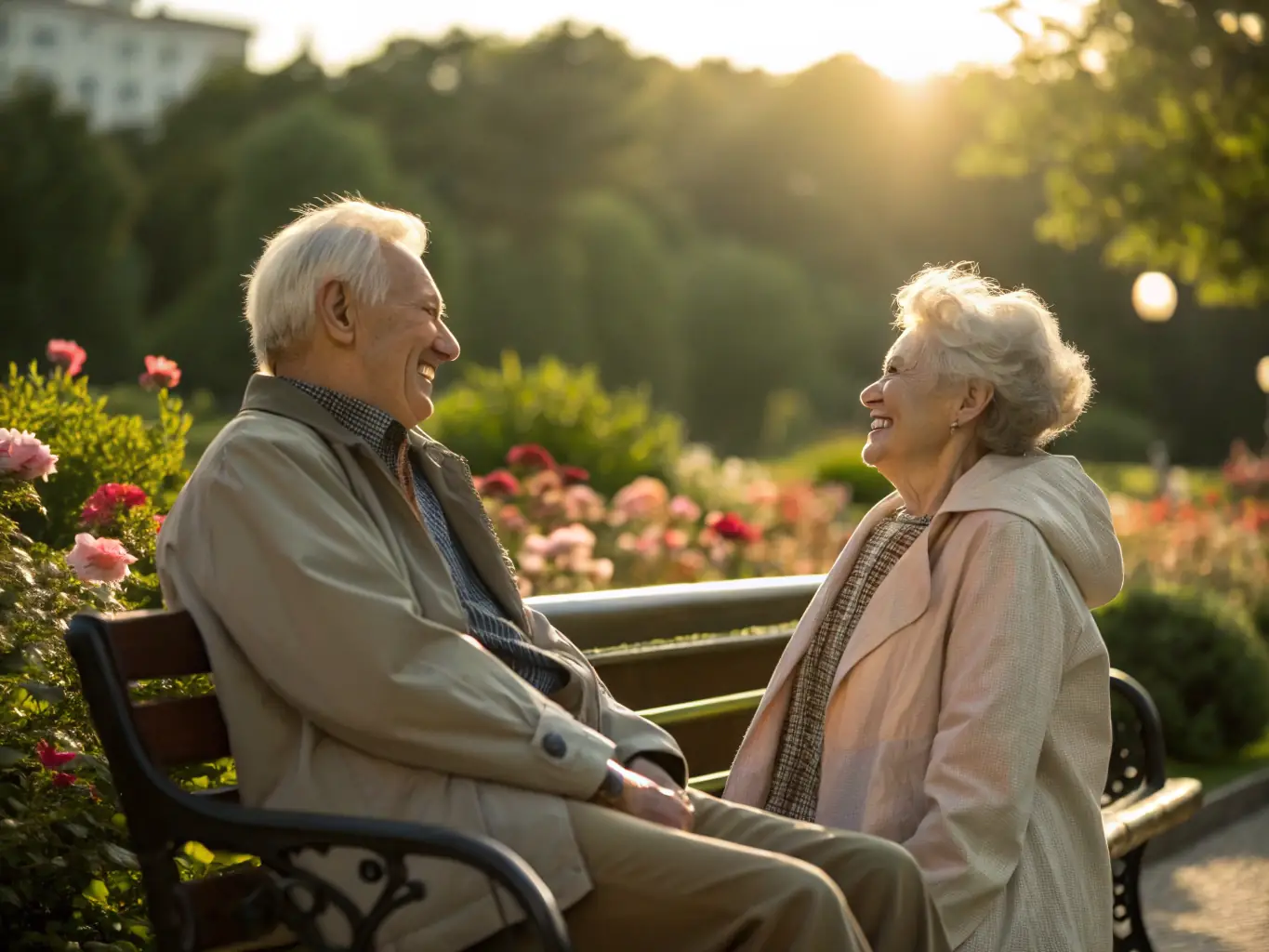 A serene image of an elderly Indian couple enjoying their retirement in a peaceful garden setting, symbolizing a secure and fulfilling retirement.